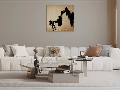 Modern Living Room Interior With White Three Seater Sofa Plush Pillows And Coffee Table 3d model