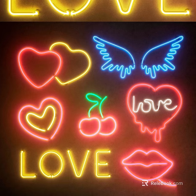 Neon Decorative Lightbox with Colorful Hearts Wings Cherry Love Text and Lips 3d model 