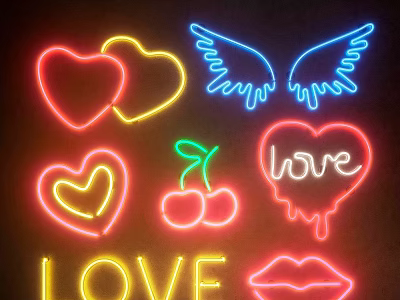 Neon Decorative Lightbox with Colorful Hearts Wings Cherry Love Text and Lips 3d model