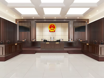 Courtroom Interior Design With Judge Bench National Emblem Wooden Furniture And Lighting 3d model
