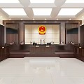 Courtroom Interior Design With Judge Bench National Emblem Wooden Furniture And Lighting