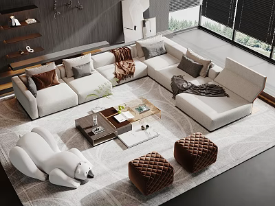 Modern Sofa and Coffee Table Set With Brown Cushions Throw Blanket Quilted Ottomans Area Rug 3d model