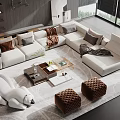 Modern Sofa and Coffee Table Set With Brown Cushions Throw Blanket Quilted Ottomans Area Rug