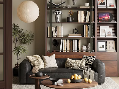 Modern Living Room Interior Featuring Gray Sofa Throw Pillows Round Coffee Table Bookshelf and Decorations 3d model