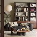 Modern Living Room Interior Featuring Gray Sofa Throw Pillows Round Coffee Table Bookshelf and Decorations