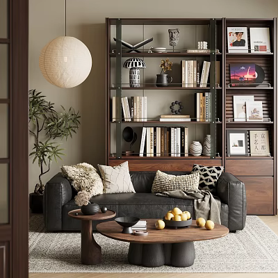 Modern Living Room Interior Featuring Gray Sofa Throw Pillows Round Coffee Table Bookshelf and Decorations 3d model