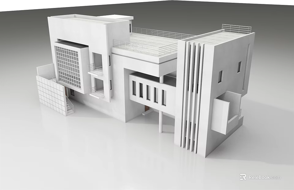 Modern White Architectural Model With Geometric Structure And Balcony Railing 3d model 