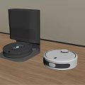 Smart Robotic Vacuum Cleaners With Charging Base Station On Wooden Floor