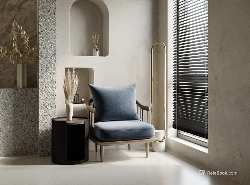 Modern Minimalist Blue Accent Chair With Small Round Side Table And Blinds 3d model 
