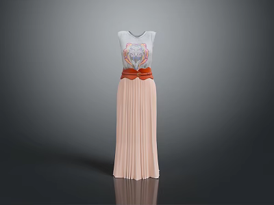 Sleeveless Long Dress With Colorful Pattern Orange Belt And Pleated Skirt 3d model