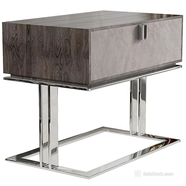 Modern Nightstand With Wood Grain Panel And Chrome Metal Legs Design Detail 3d model 
