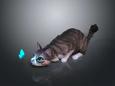 Gray Tabby Cat with Bright Green Eyes Lying on Shiny Ground Watching Blue Butterfly Nearby 3d model