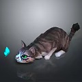 Gray Tabby Cat with Bright Green Eyes Lying on Shiny Ground Watching Blue Butterfly Nearby