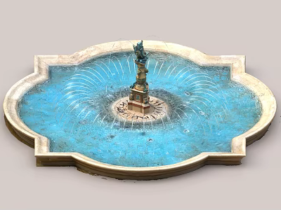 Ornate Water Fountain With Petal Shaped Basin Central Statue And Blue Water 3d model