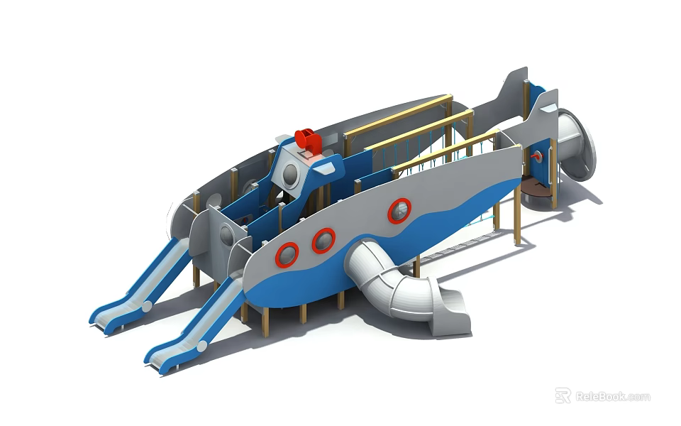 Blue Gray Airplane Playground Structure With Slides And Circular Windows 3d model