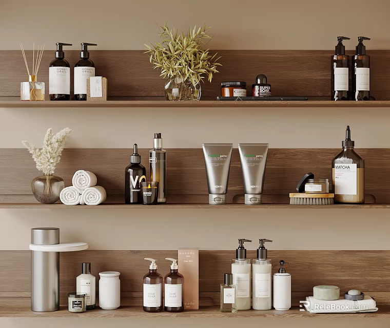 Organized Wooden Shelves Displaying Bath Daily Essentials With Skincare Bottles And Towels 3d model 