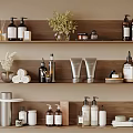 Organized Wooden Shelves Displaying Bath Daily Essentials With Skincare Bottles And Towels