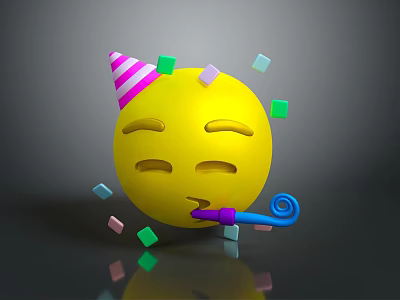 Yellow Smiley Face Wearing Party Hat Blowing Horn With Colorful Squares 3d model
