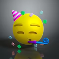 Yellow Smiley Face Wearing Party Hat Blowing Horn With Colorful Squares