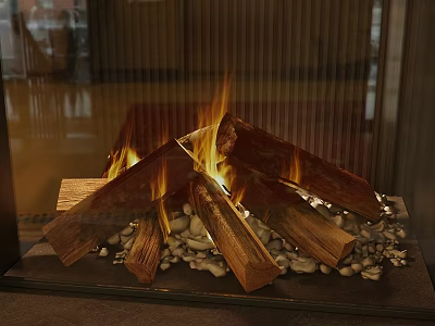 Modern Fireplace With Burning Logs Flames And Decorative Pebbles In Interior 3d model