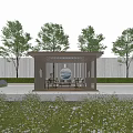 Garden Pavilion With Wooden Frame And Open Design Featuring Seating Area Surrounded By Trees And Flowers