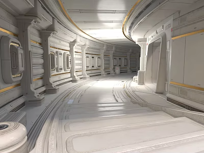 Futuristic White Corridor Interior With Curved Walls Ceiling Golden Lines Embedded Panels And Smooth Floor 3d model