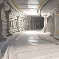 Futuristic White Corridor Interior With Curved Walls Ceiling Golden Lines Embedded Panels And Smooth Floor