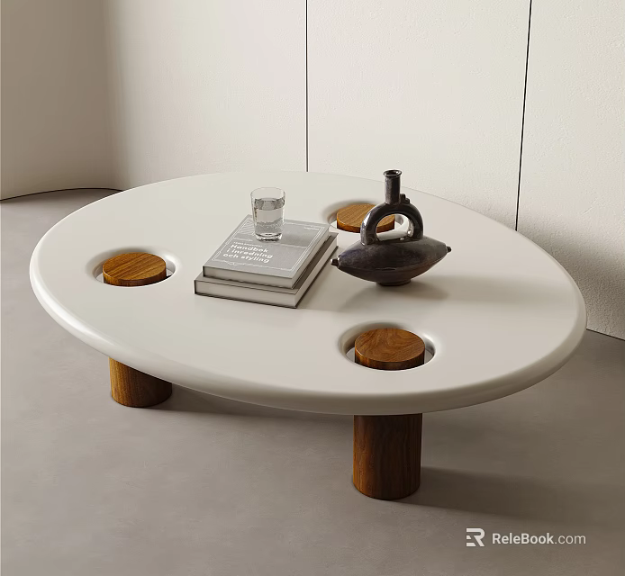 Stylish White Coffee Table with Wooden Legs Circular Inserts and Decorative Objects on Top 3d model