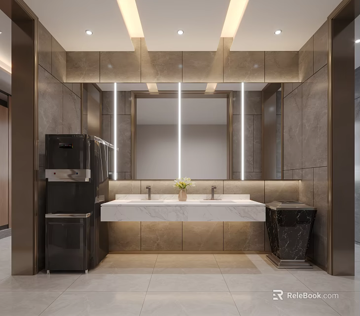 Modern Luxury Bathroom With Marble Vanity Large Mirror And Ceiling Lights 3d model