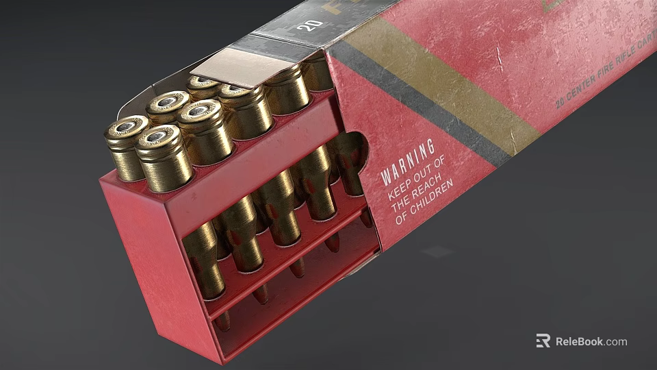 20 Round Golden Bullets in Red Packaging Box With Warning Label 3d model 