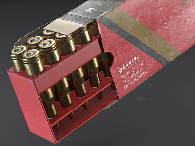 20 Round Golden Bullets in Red Packaging Box With Warning Label 3d model