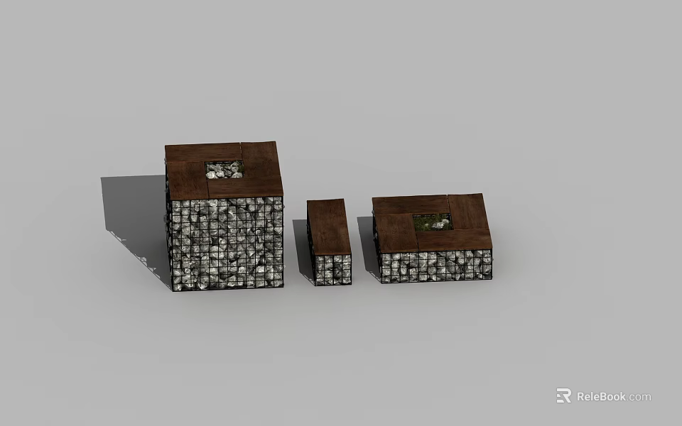 Outdoor Chairs In Various Sizes With Wooden Tops And Stone Sides 3d model 