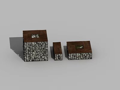 Outdoor Chairs In Various Sizes With Wooden Tops And Stone Sides 3d model