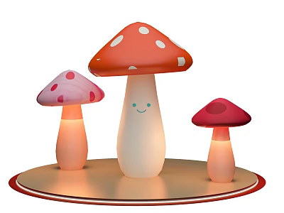Cute Mushroom Lamps With Red Pink Polka Dots Smiley Face Glowing On Round Base 3d model