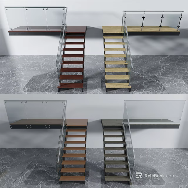 Modern Staircase Designs With Wooden Steps Glass Railings And Marble Floors 3d model 