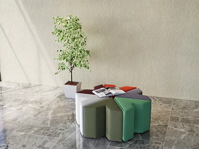 Modern Multicolored Modular Stool With Green Potted Plant And Light Wall 3d model