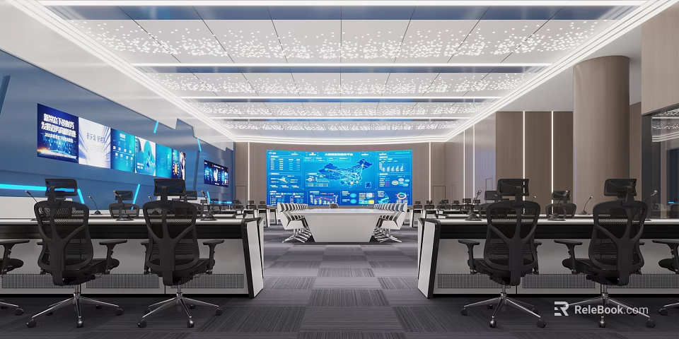 Modern Monitoring Room Interior With Large Screens Control Desks And Office Chairs 3d model 