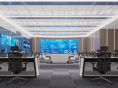 Modern Monitoring Room Interior With Large Screens Control Desks And Office Chairs 3d model