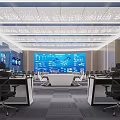Modern Monitoring Room Interior With Large Screens Control Desks And Office Chairs