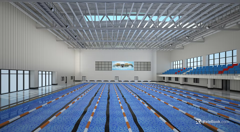 Modern Swimming Pool Interior With Blue Water Lane Lines Spectator Seats Windows And Metal Roof 3d model 