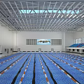 Modern Swimming Pool Interior With Blue Water Lane Lines Spectator Seats Windows And Metal Roof