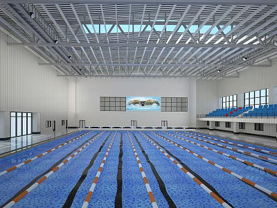 Modern Swimming Pool Interior With Blue Water Lane Lines Spectator Seats Windows And Metal Roof 3d model