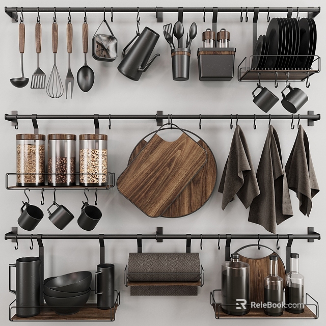 Stylish Kitchen Utensils Display With Hanging Metal Racks Wooden Cutting Board And Black Towels 3d model 