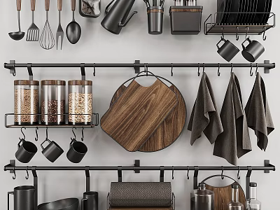 Stylish Kitchen Utensils Display With Hanging Metal Racks Wooden Cutting Board And Black Towels 3d model
