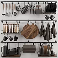 Stylish Kitchen Utensils Display With Hanging Metal Racks Wooden Cutting Board And Black Towels