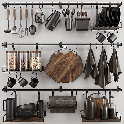 Stylish Kitchen Utensils Display With Hanging Metal Racks Wooden Cutting Board And Black Towels 3d model