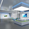 Modern Exhibition Hall Interior With Reception Desk Blue Sofas Display Screens Lighting And Polished Floor