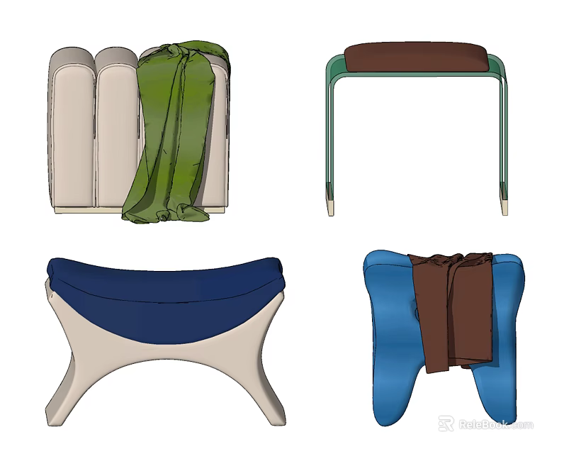 Stylish Colorful Upholstered Sofa Stools With Various Designs And Fabric Details 3d model 