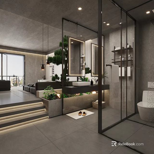 Modern Hotel Room Featuring Glass Partition Mirror Green Plants Gray Tones And Sink Counter 3d model 