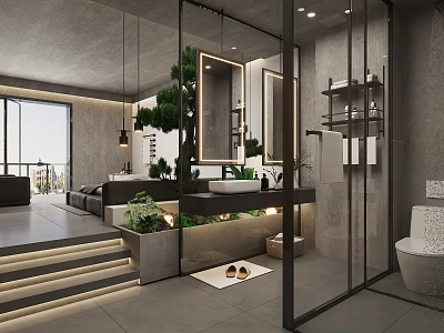Modern Hotel Room Featuring Glass Partition Mirror Green Plants Gray Tones And Sink Counter 3d model